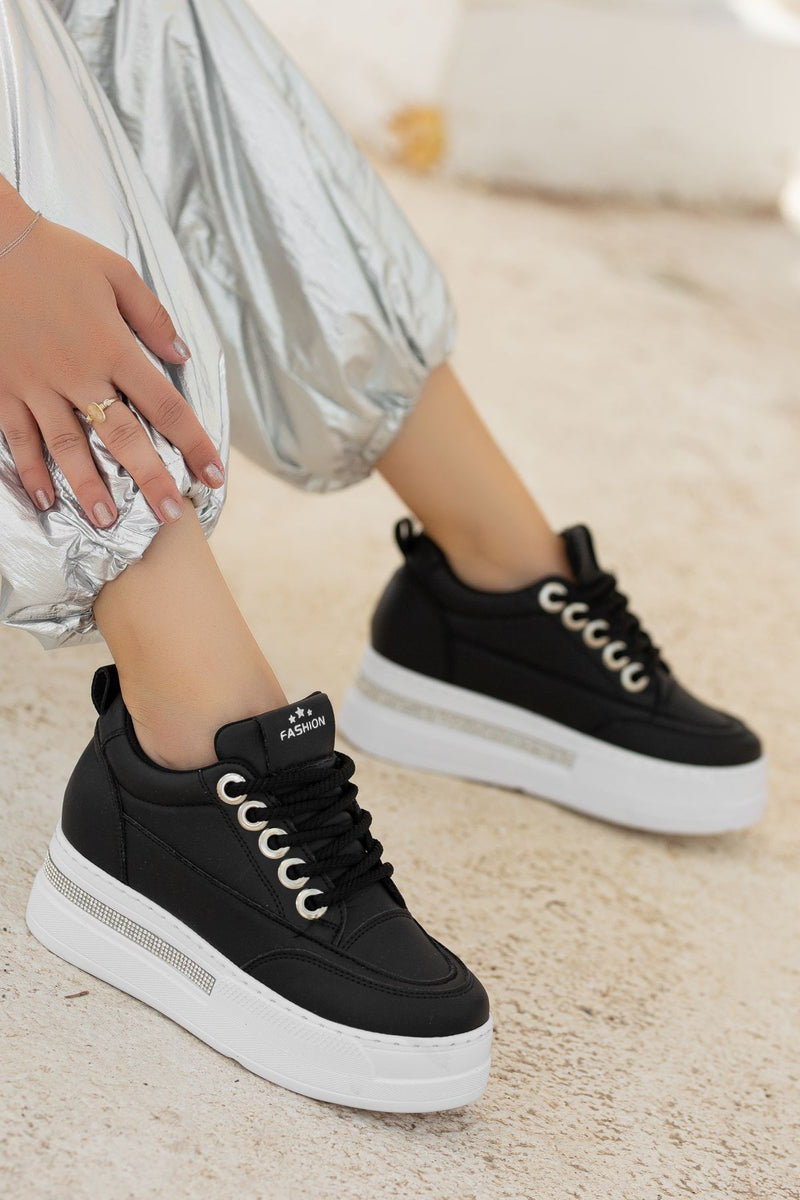 Women's Black Skin White Based Lace-Up Sneakers - STREETMODE ™