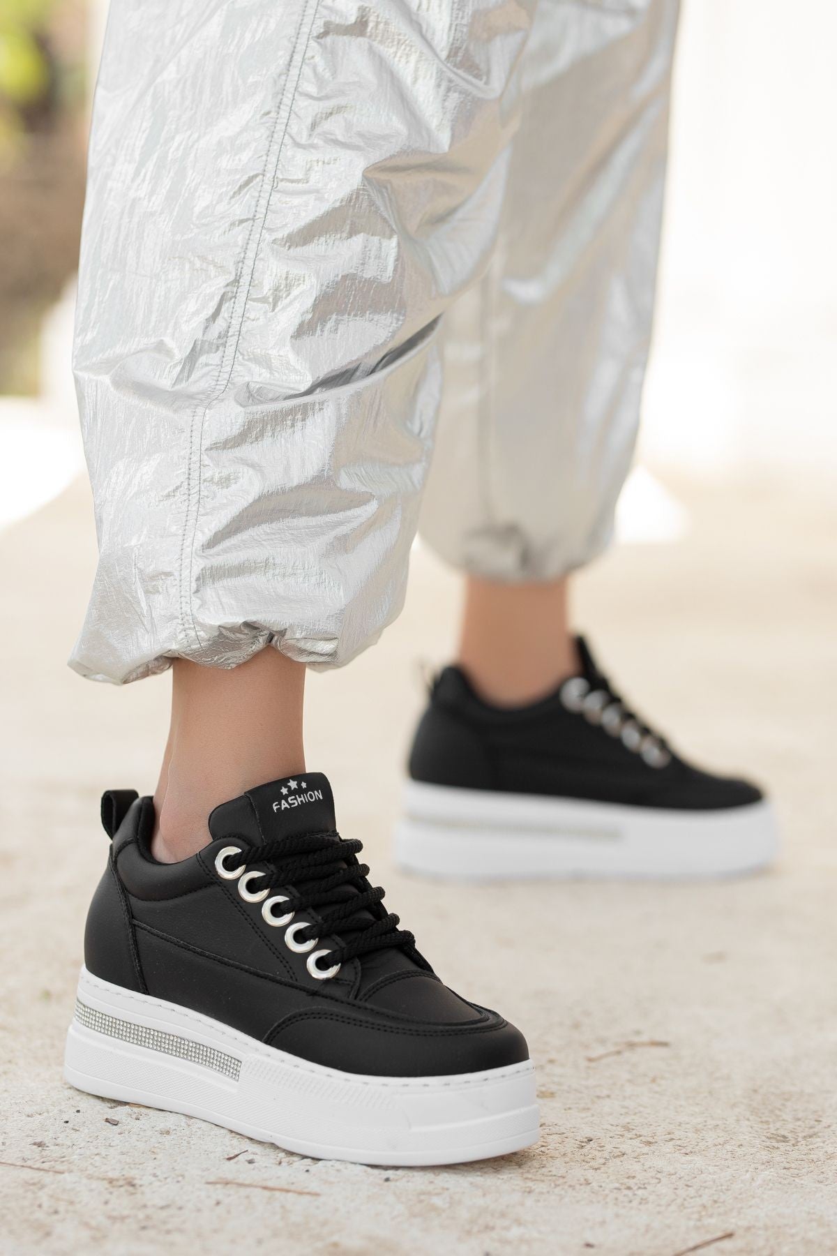 Women's Black Skin White Based Lace-Up Sneakers - STREETMODE ™
