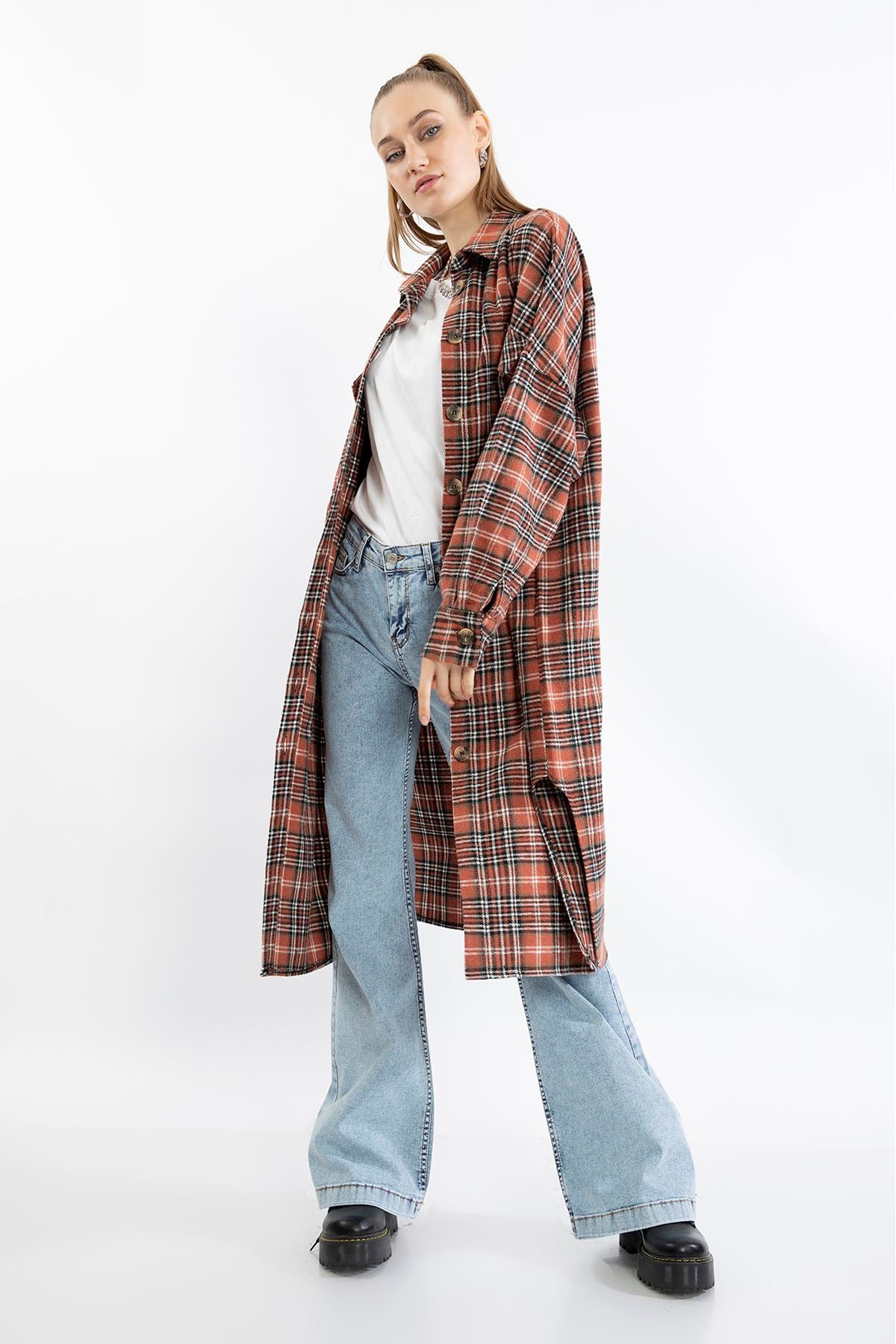 Lumberjack Fabric Long Sleeve Below Knee Comfy Plaid Women'S Shirt - Brick - STREETMODE ™