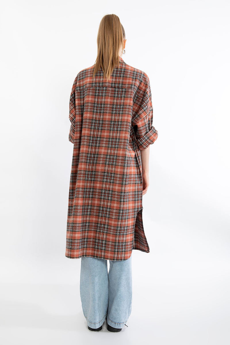 Lumberjack Fabric Long Sleeve Below Knee Comfy Plaid Women'S Shirt - Brick - STREETMODE ™