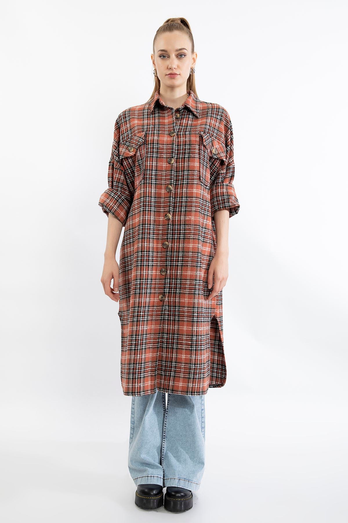 Lumberjack Fabric Long Sleeve Below Knee Comfy Plaid Women'S Shirt - Brick - STREETMODE ™