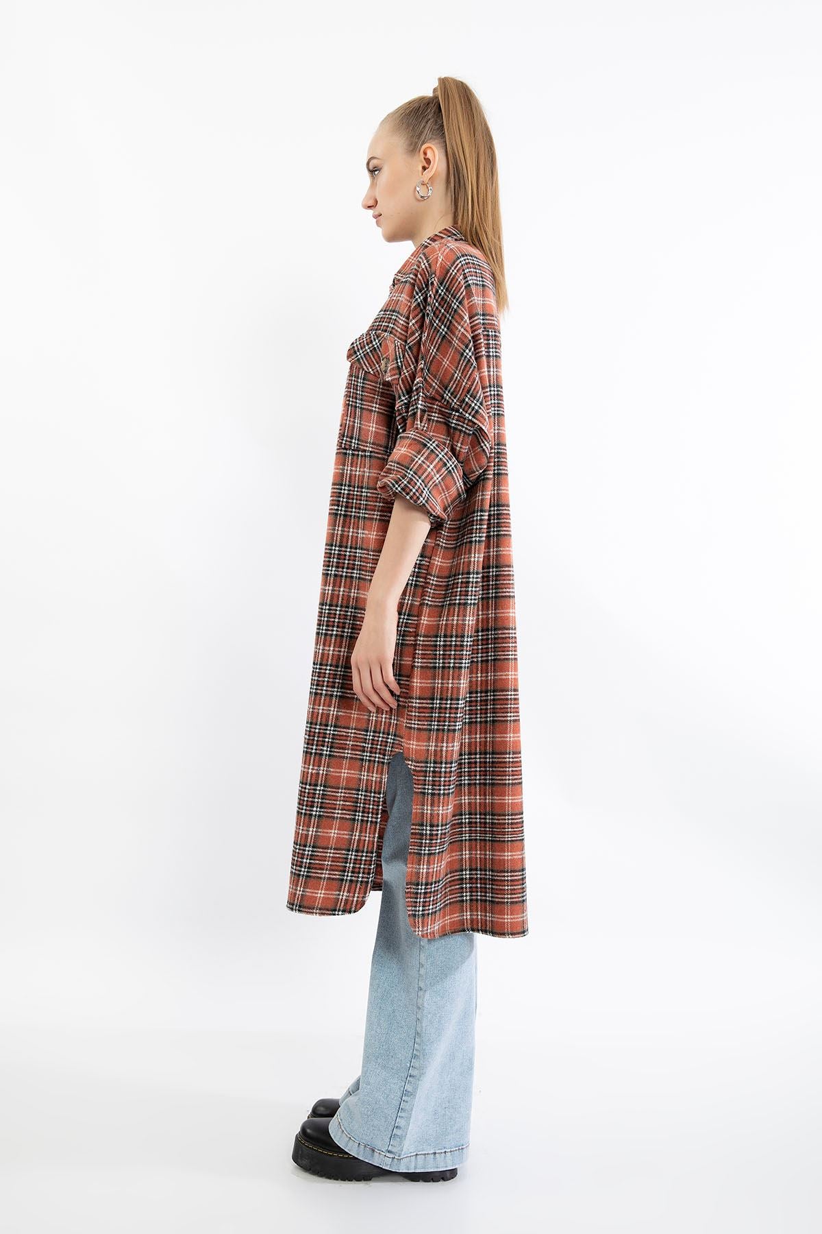 Lumberjack Fabric Long Sleeve Below Knee Comfy Plaid Women'S Shirt - Brick - STREETMODE ™