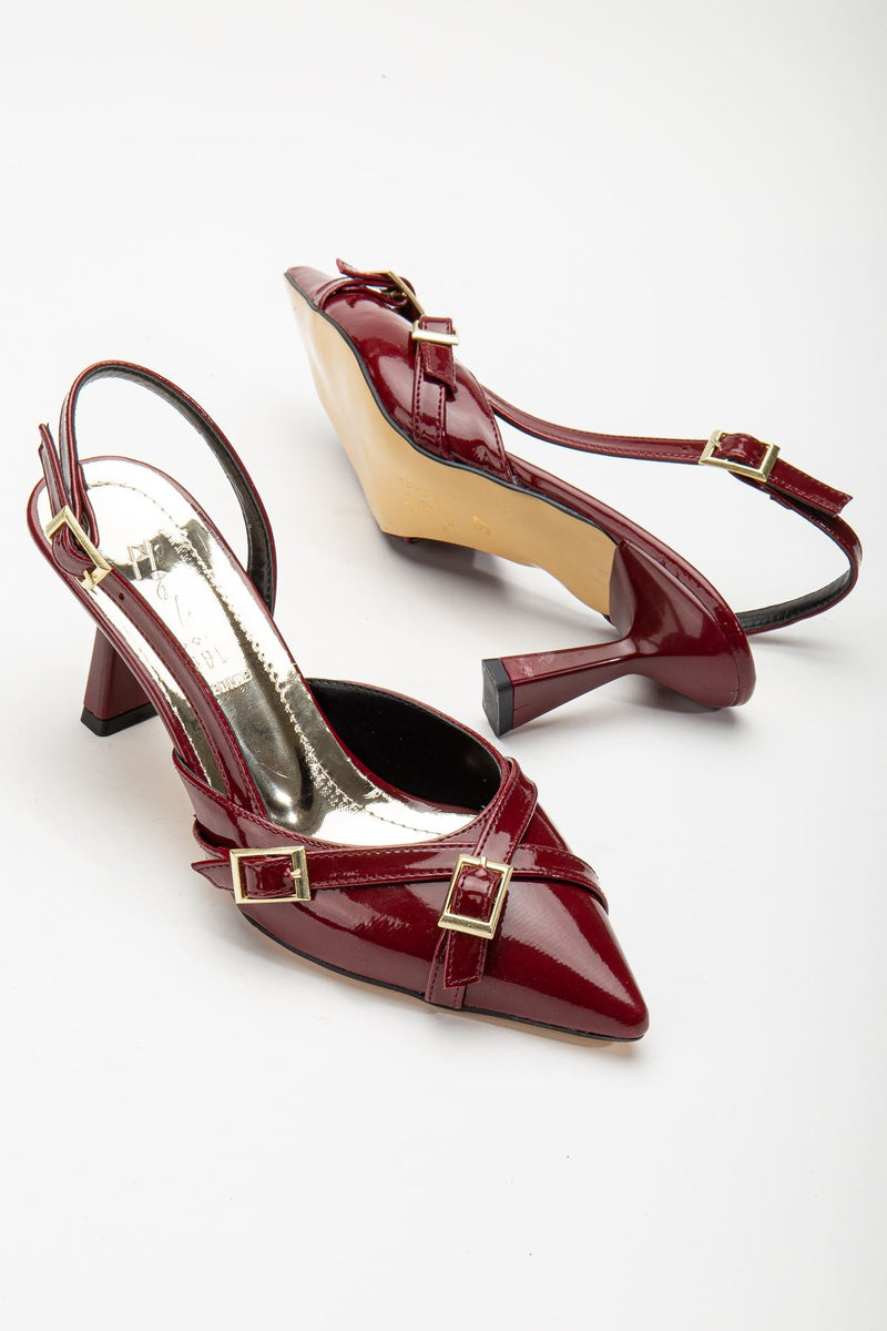 Mary Jane Burgundy Patent Leather Open Back Pointed Toe Women's Heeled Shoes - STREETMODE ™