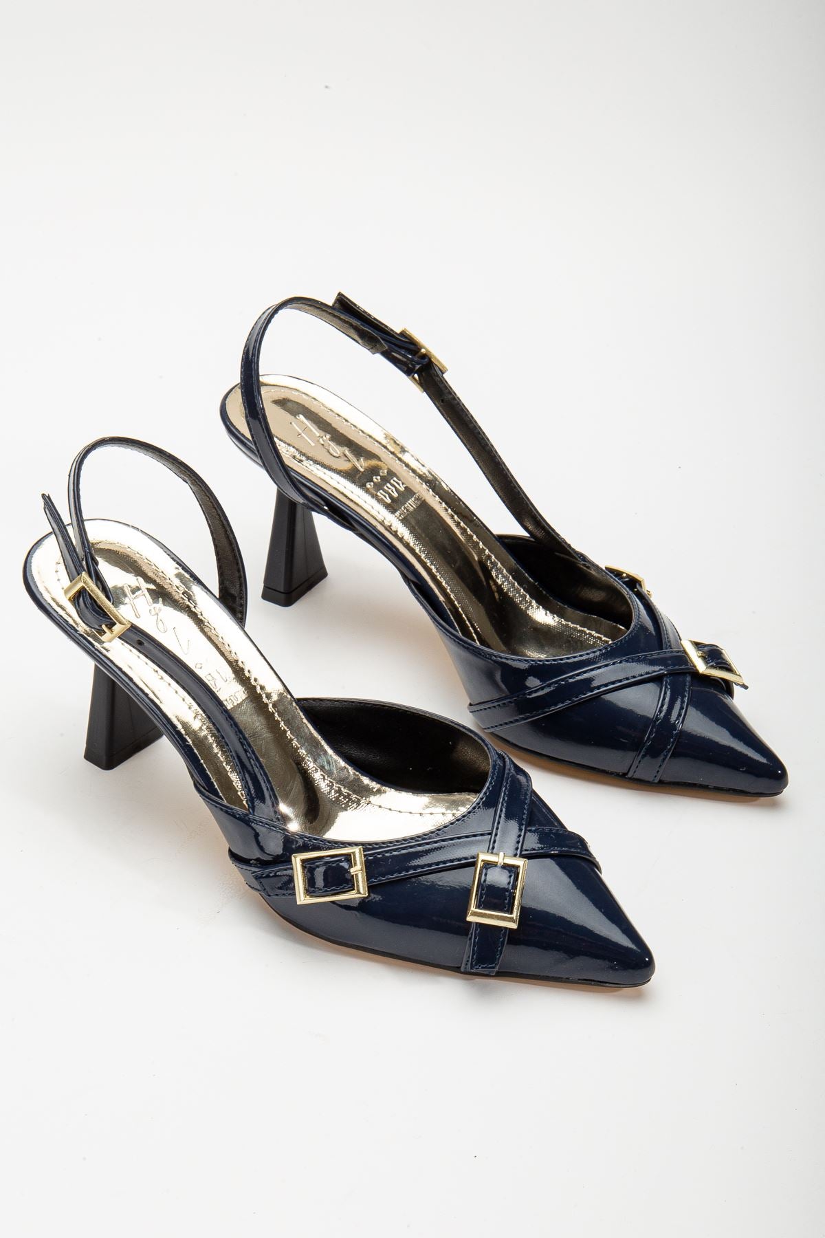 Mary Jane Navy Blue Patent Leather Open Back Pointed Toe Women's Heeled Shoes - STREETMODE ™