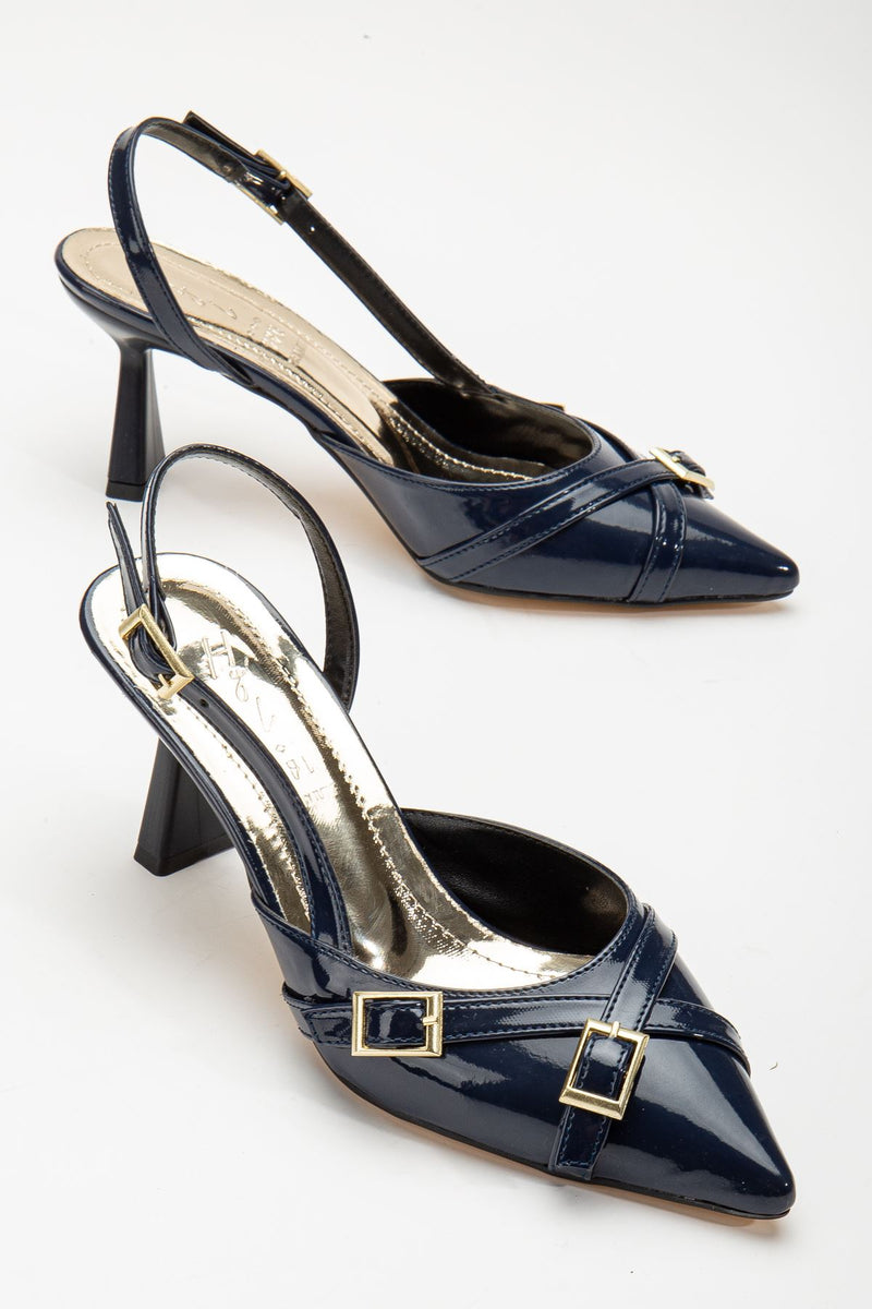 Mary Jane Navy Blue Patent Leather Open Back Pointed Toe Women's Heeled Shoes - STREETMODE ™