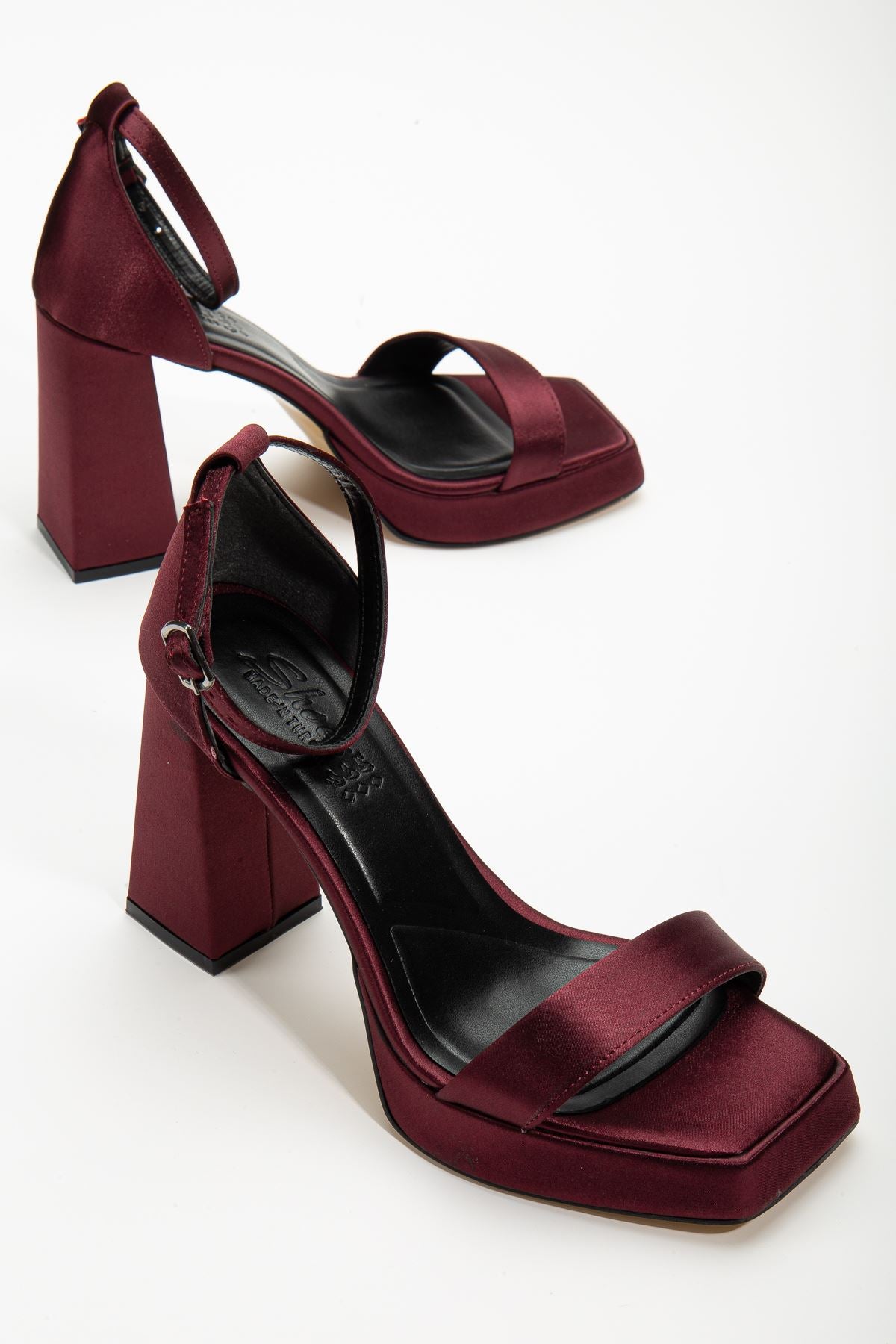 Women s Matilda Burgundy Satin Platform Open Toe Thick Heeled Shoes STREETMODE