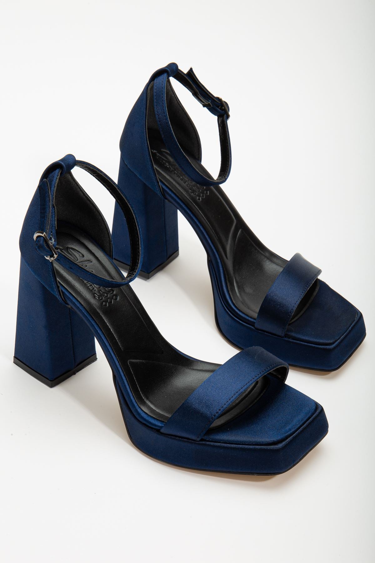 Women's Matilda Navy Blue Satin Platform Open Toe Thick Heeled Shoes - STREETMODE ™