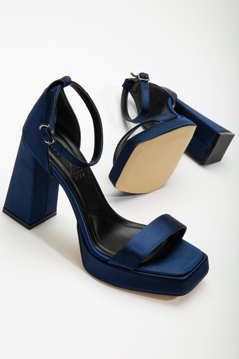 Women's Matilda Navy Blue Satin Platform Open Toe Thick Heeled Shoes - STREETMODE ™