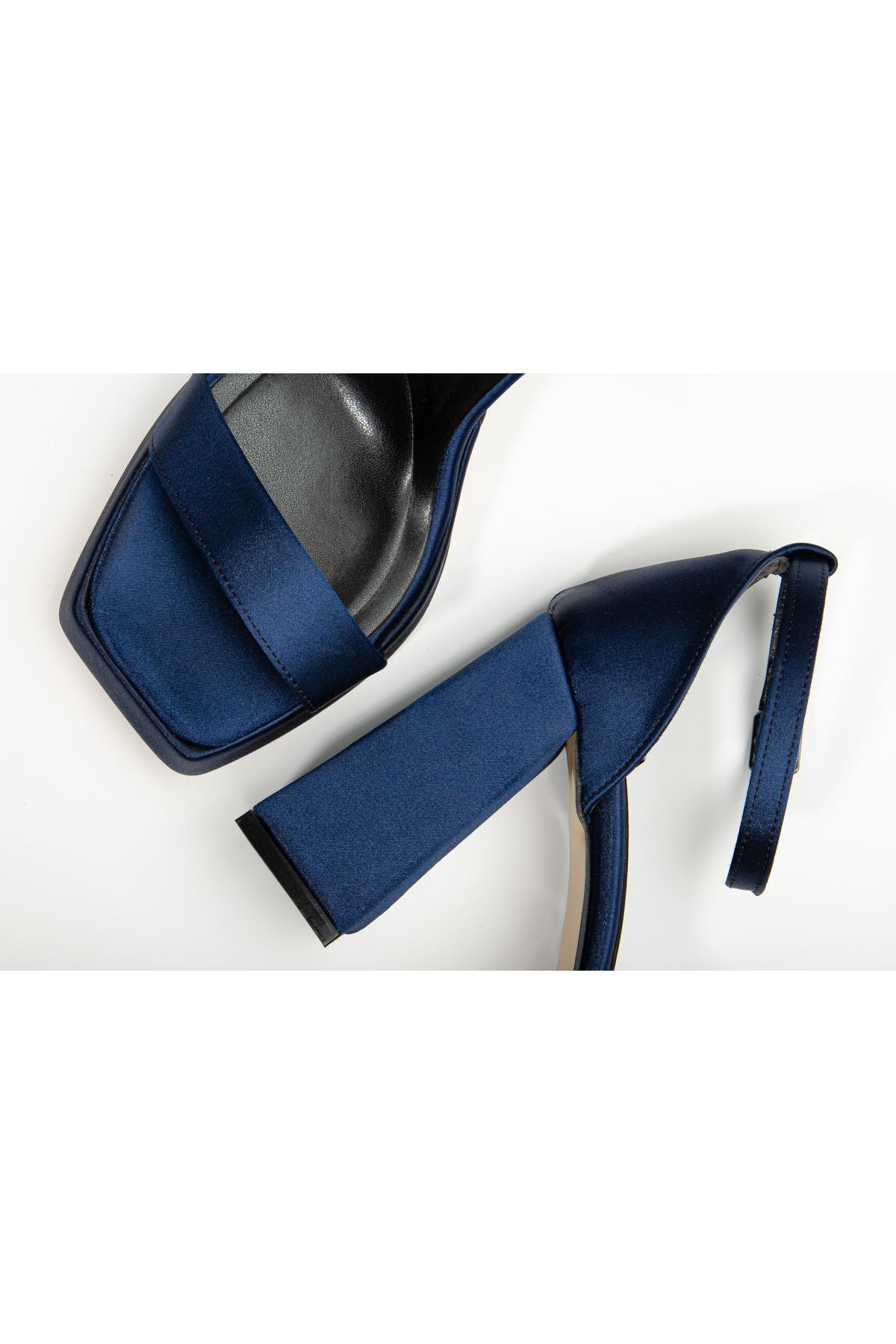 Women's Matilda Navy Blue Satin Platform Open Toe Thick Heeled Shoes - STREETMODE ™