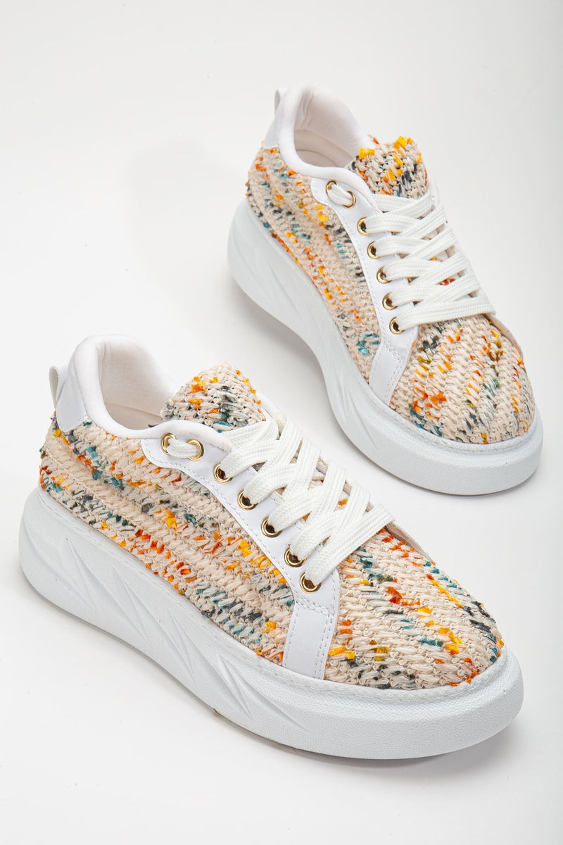 Women's Mavis White Thick Sole Straw Detailed Sneakers - STREETMODE ™