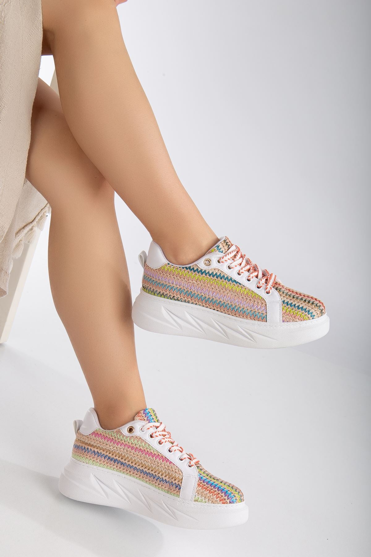 Women's Mavis White - Colorful Thick Sole Straw Detailed Sneakers - STREETMODE ™