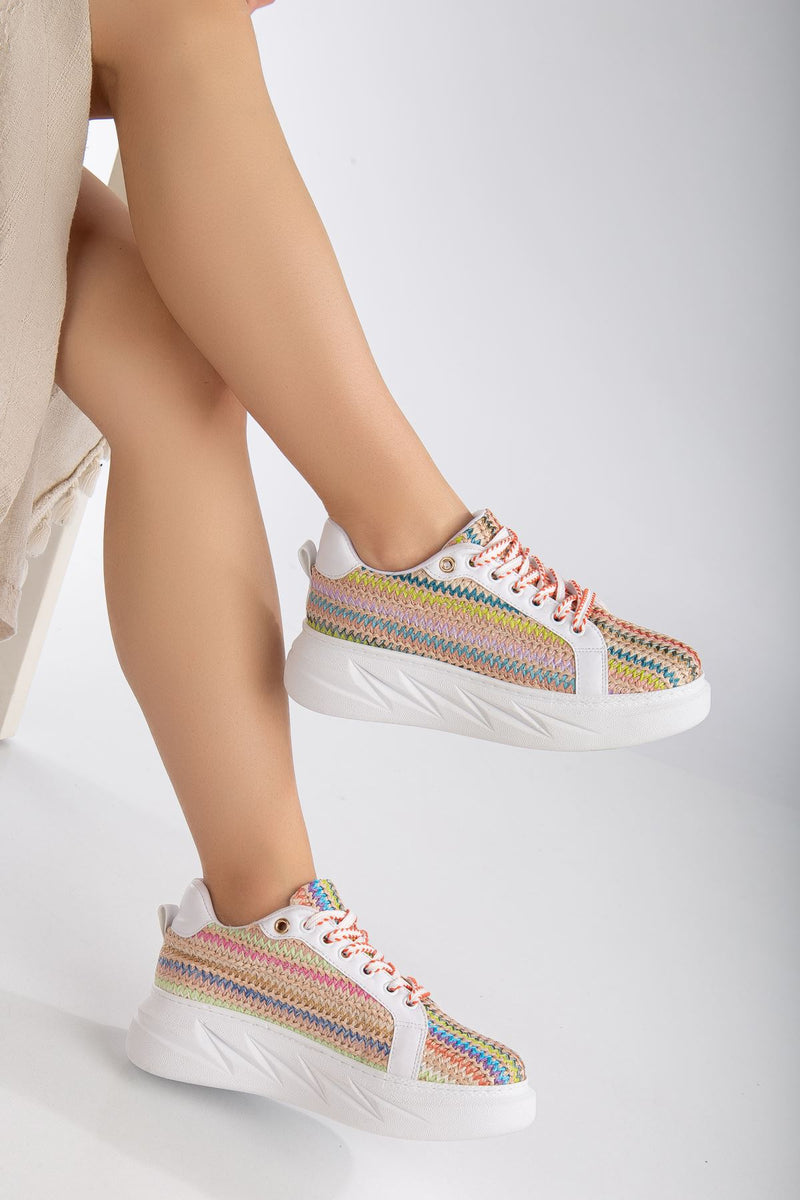 Women's Mavis White - Colorful Thick Sole Straw Detailed Sneakers - STREETMODE ™