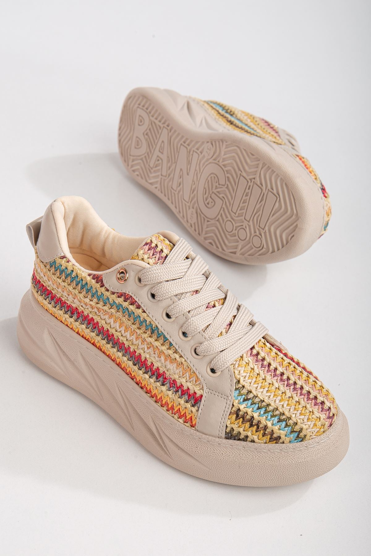 Women's Mavis Cream - Colored Thick Sole Straw Detailed Sneakers - STREETMODE ™