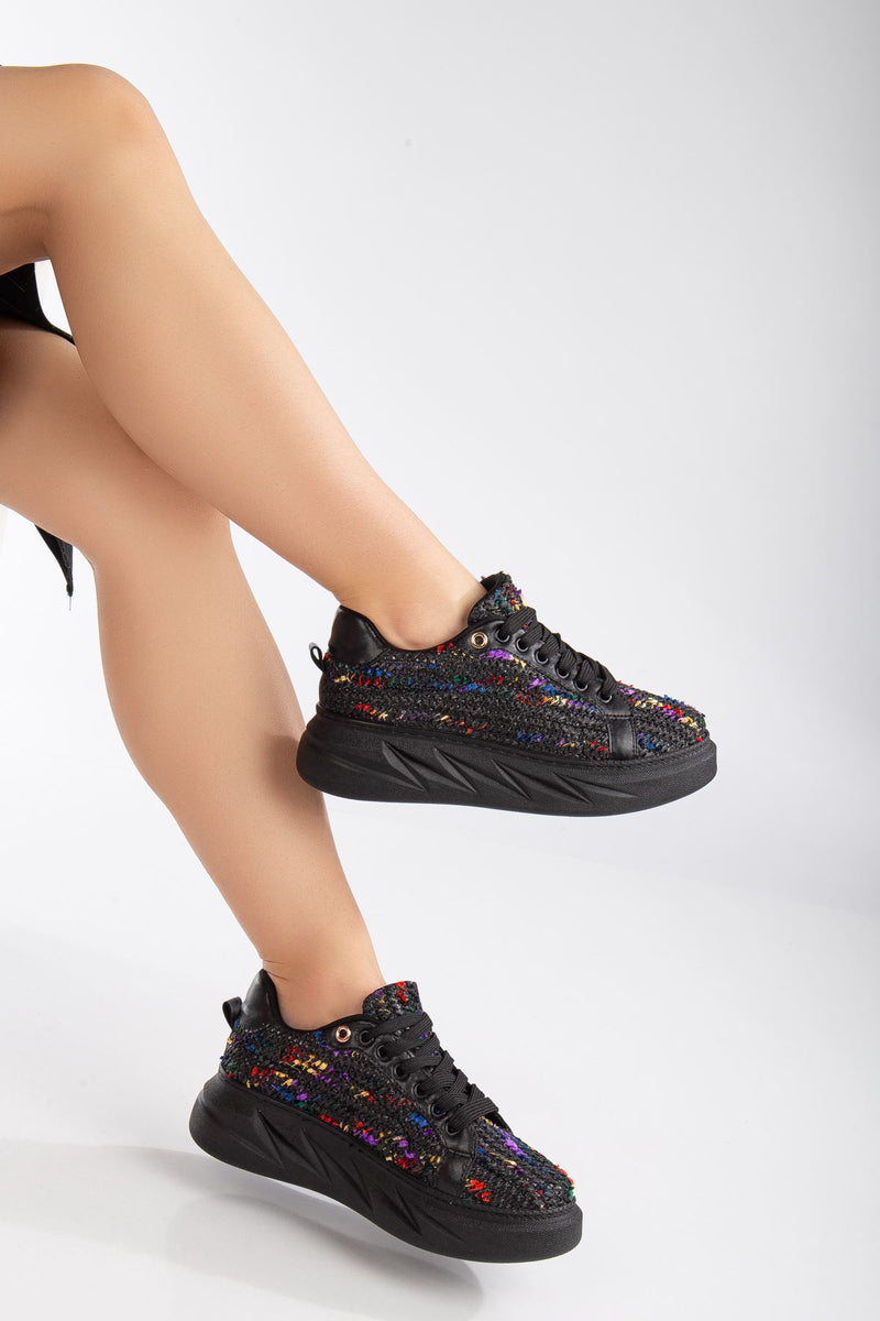 Women's Mavis Black - Colorful Thick Sole Straw Detailed Sneakers - STREETMODE ™