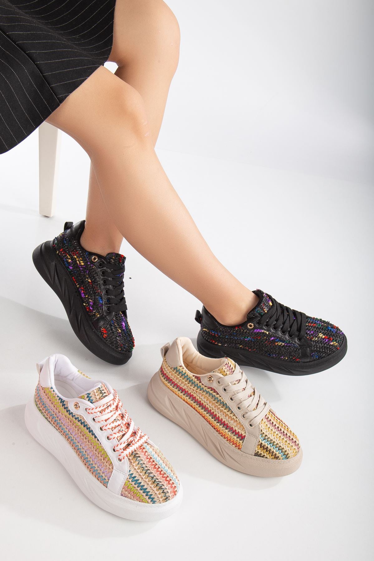 Women's Mavis Black - Colorful Thick Sole Straw Detailed Sneakers - STREETMODE ™