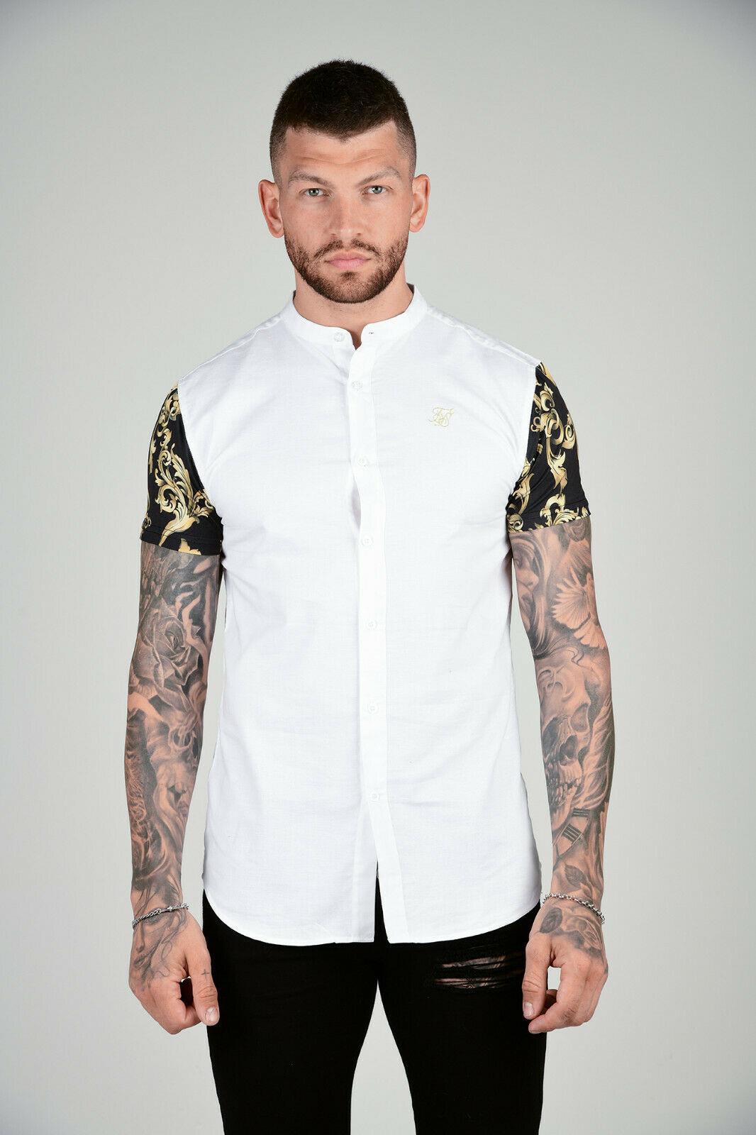 Men Grandad Collar Oxford Shirt - White & Gold - STREETMODE ™