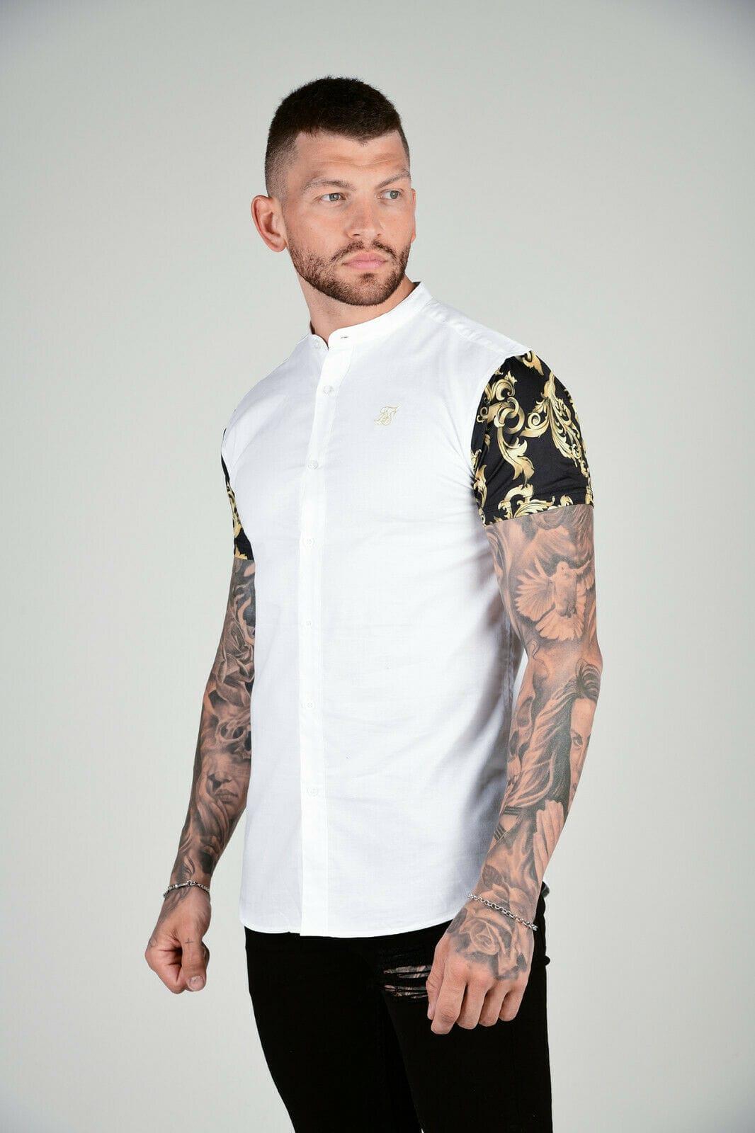 Men Grandad Collar Oxford Shirt - White & Gold