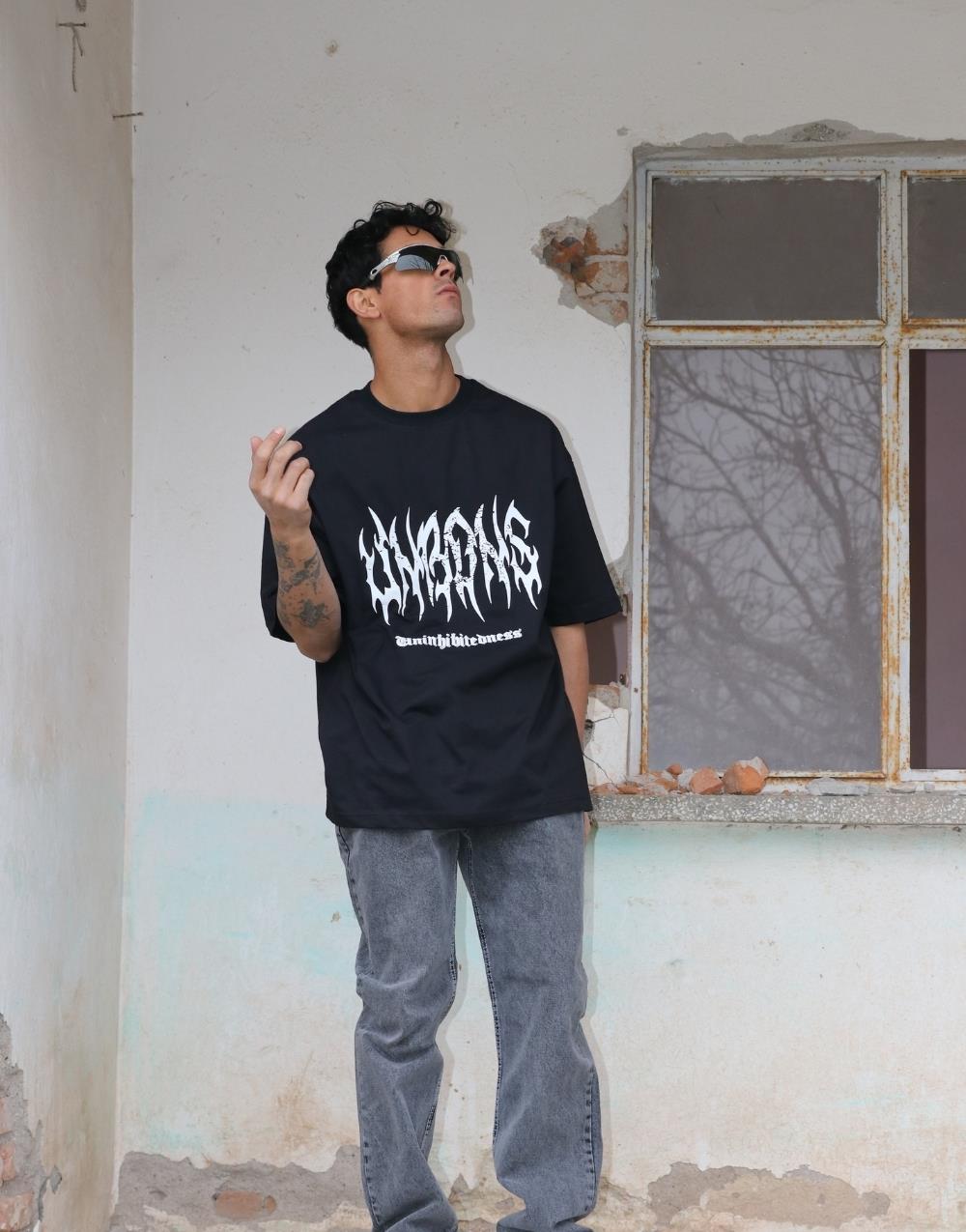 Men's Bitedness Words Oversize Black T-Shirt - STREETMODE ™