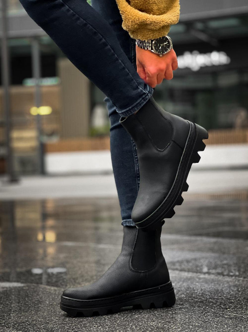 Men's High Sole Chelsea Boots 113 Black (Black Sole) - STREETMODE ™