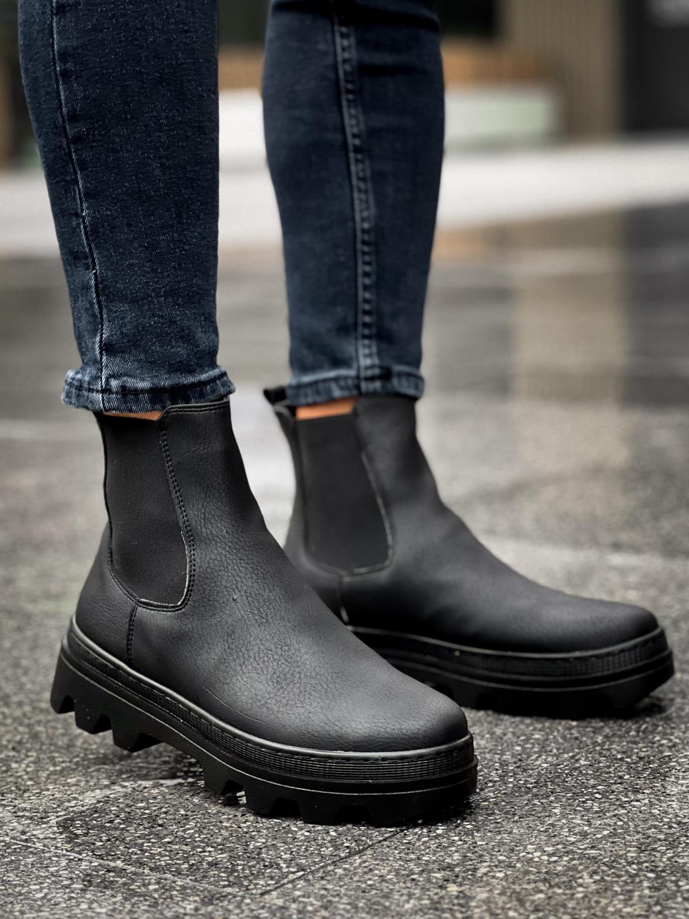 Men's High Sole Chelsea Boots 113 Black (Black Sole) - STREETMODE ™