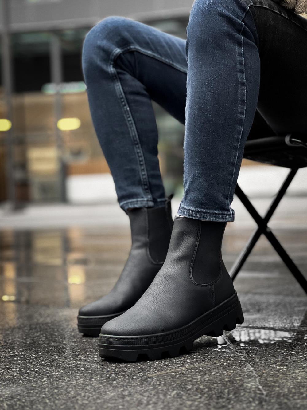 Men's High Sole Chelsea Boots 113 Black (Black Sole) - STREETMODE ™