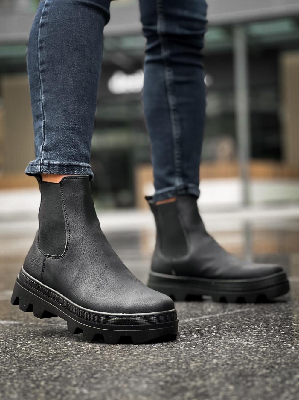 Men's High Sole Chelsea Boots 113 Black (Black Sole) - STREETMODE ™