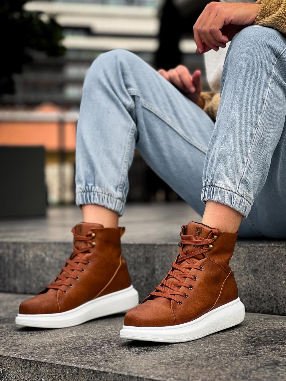 Men's High Sole Shoes B-080 Brown - STREETMODE ™