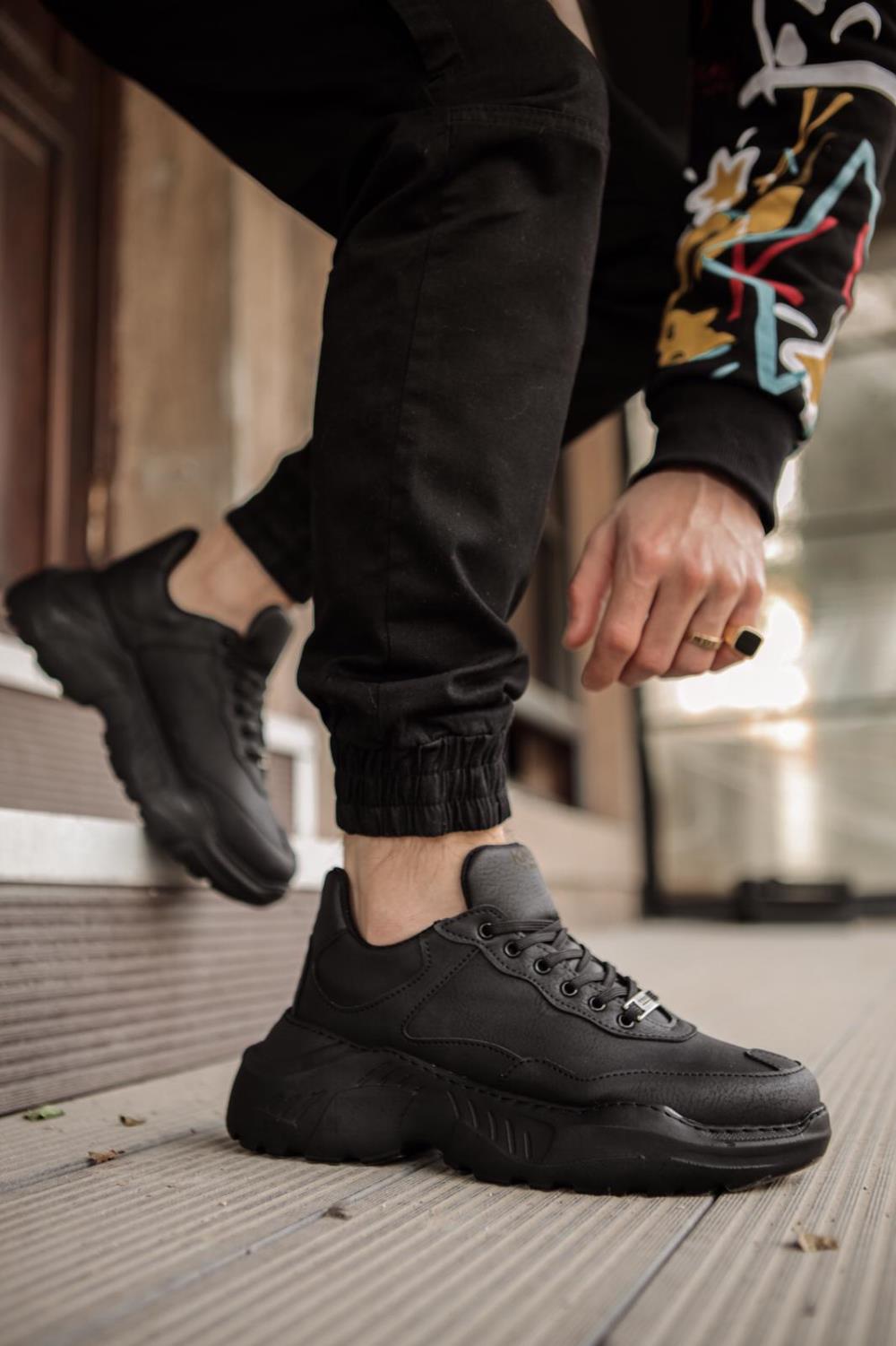 Mens Sneaker High Sole Casual Shoes N75 Full Black - STREETMODE ™