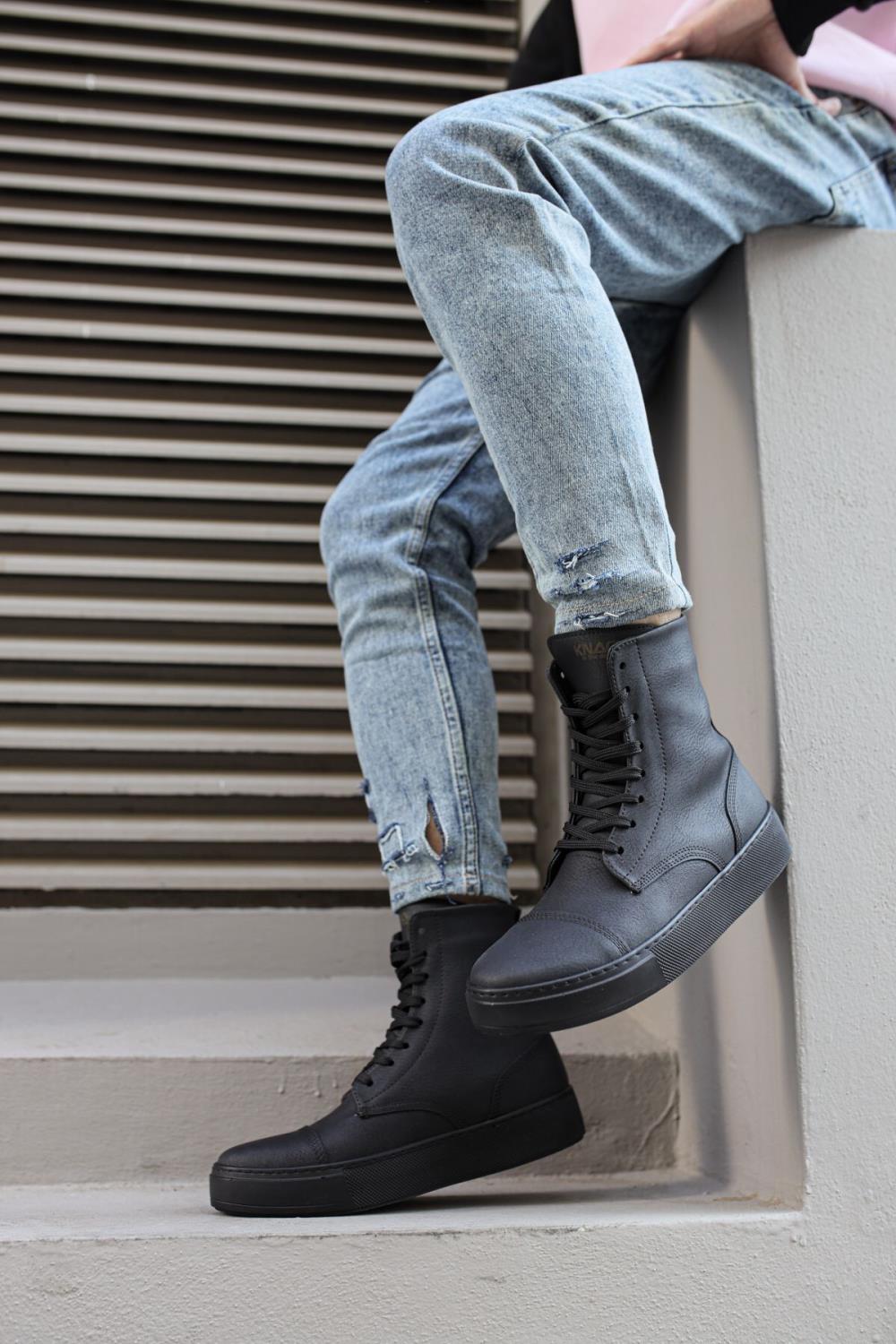 Mens Sneaker Long Sport Military Boots 022 Full Black - STREETMODE ™