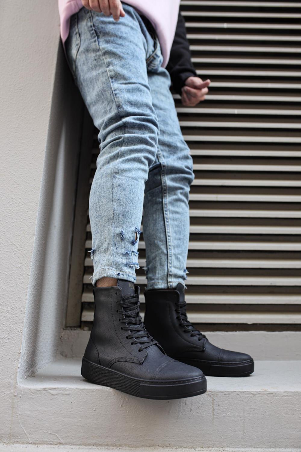Mens Sneaker Long Sport Military Boots 022 Full Black - STREETMODE ™