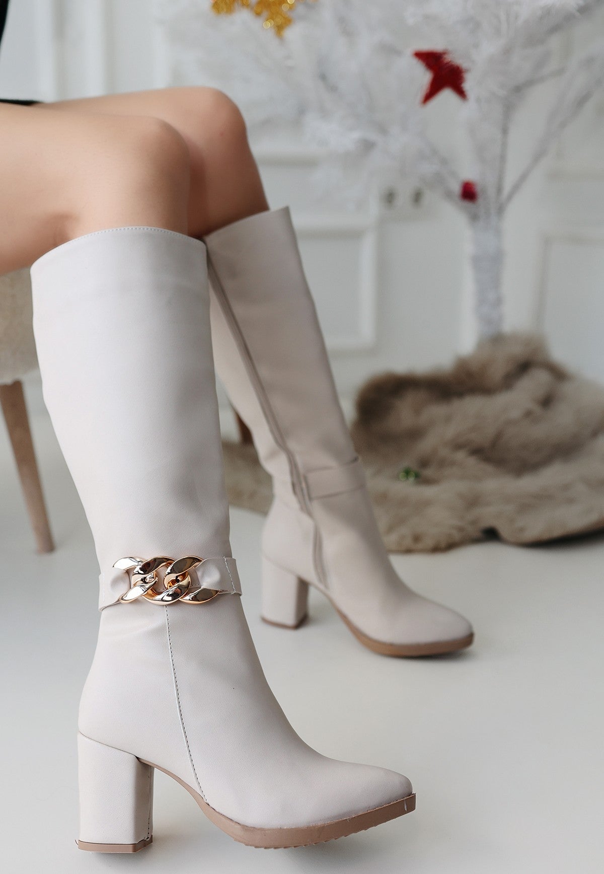 Women's Beige Leather High Heel Boots - STREETMODE ™