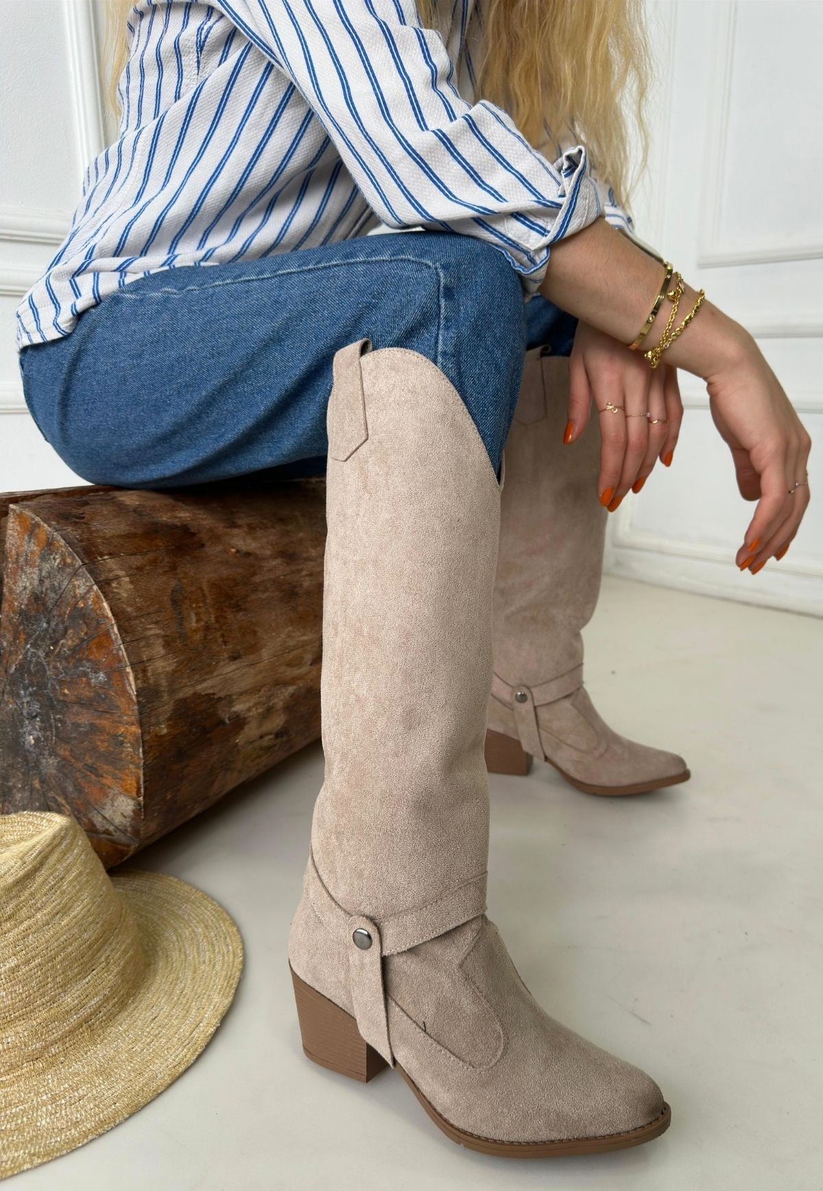 Women's Nude Suede Slip-On High Heel Boots And Boots - STREETMODE ™