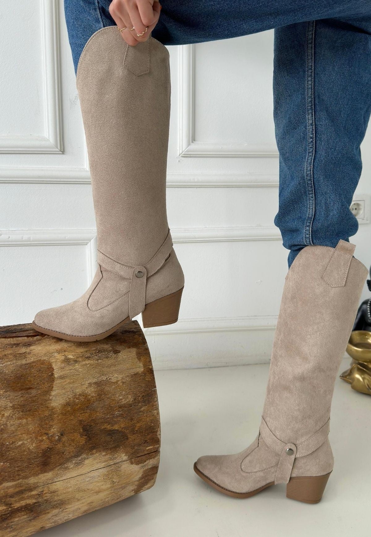 Women's Nude Suede Slip-On High Heel Boots And Boots - STREETMODE ™