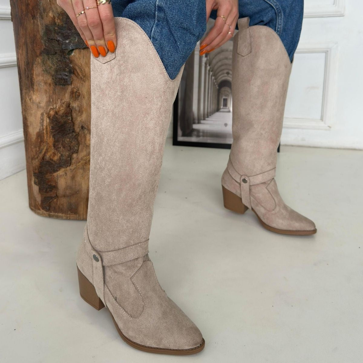 Women's Nude Suede Slip-On High Heel Boots And Boots - STREETMODE ™