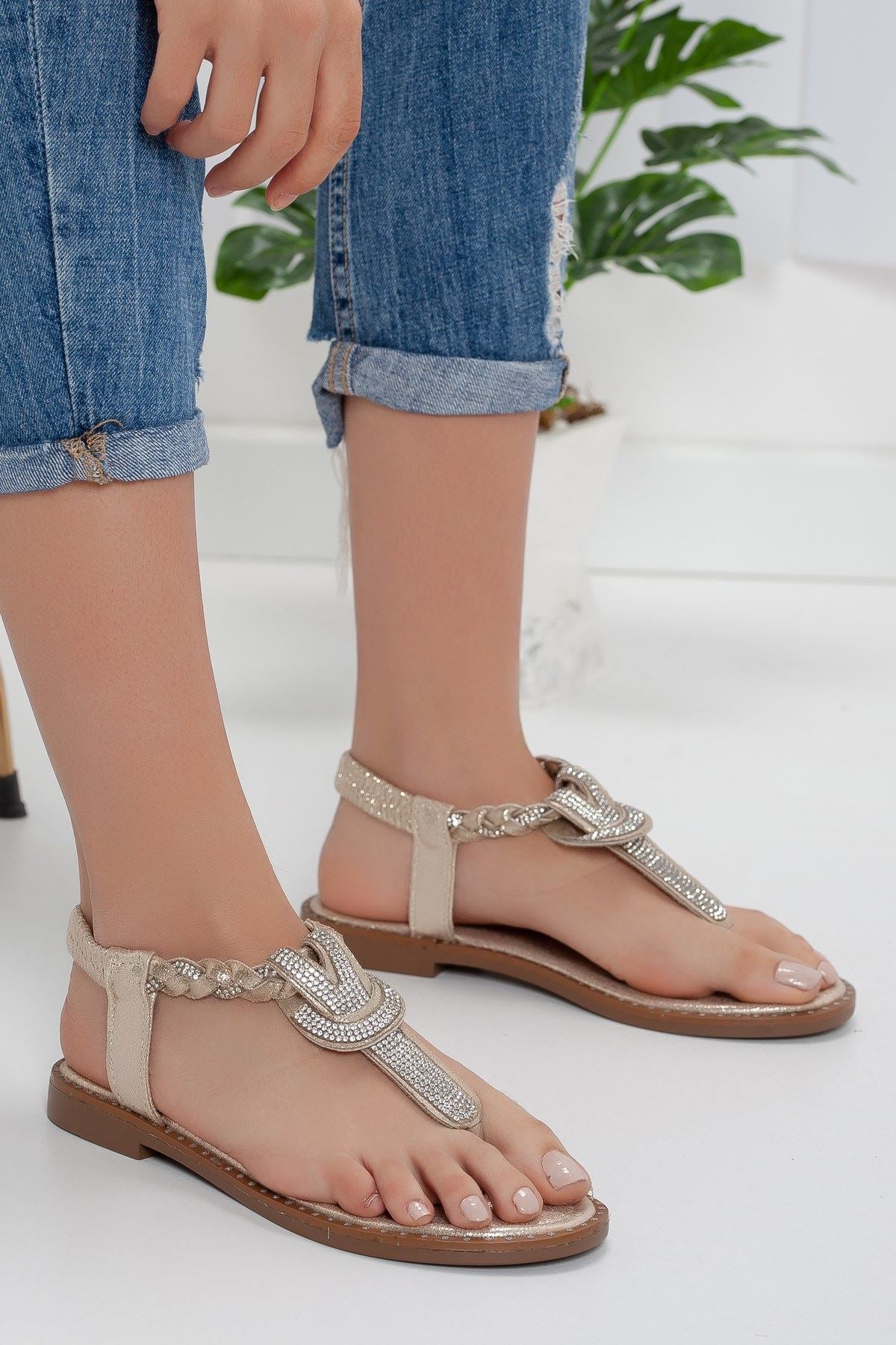 Women's Minna Stone Flip-Flops Gold Sandals - STREETMODE ™