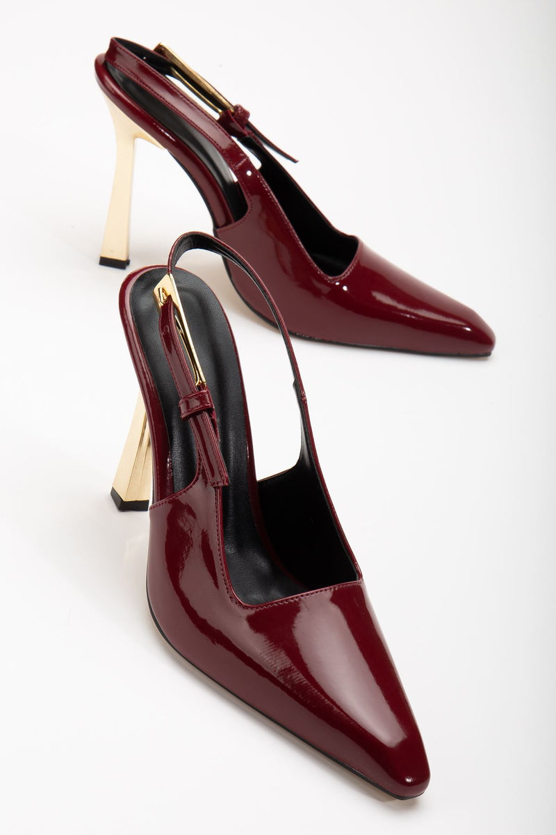 Minni Claret Red Patent Leather Gold Detailed Blunt Toe Women's Heeled Shoes - STREETMODE ™