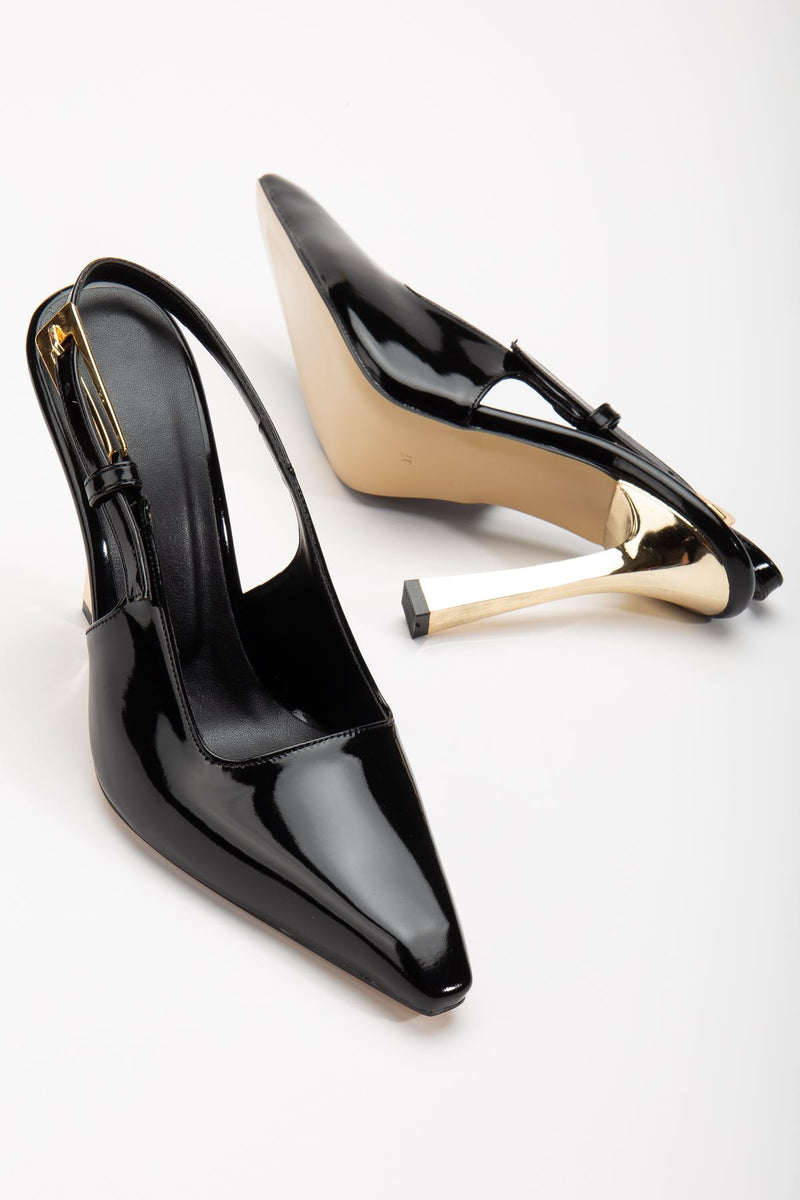 Minni Black Patent Leather Gold Detailed Blunt Toe Women's Heeled Shoes - STREETMODE ™