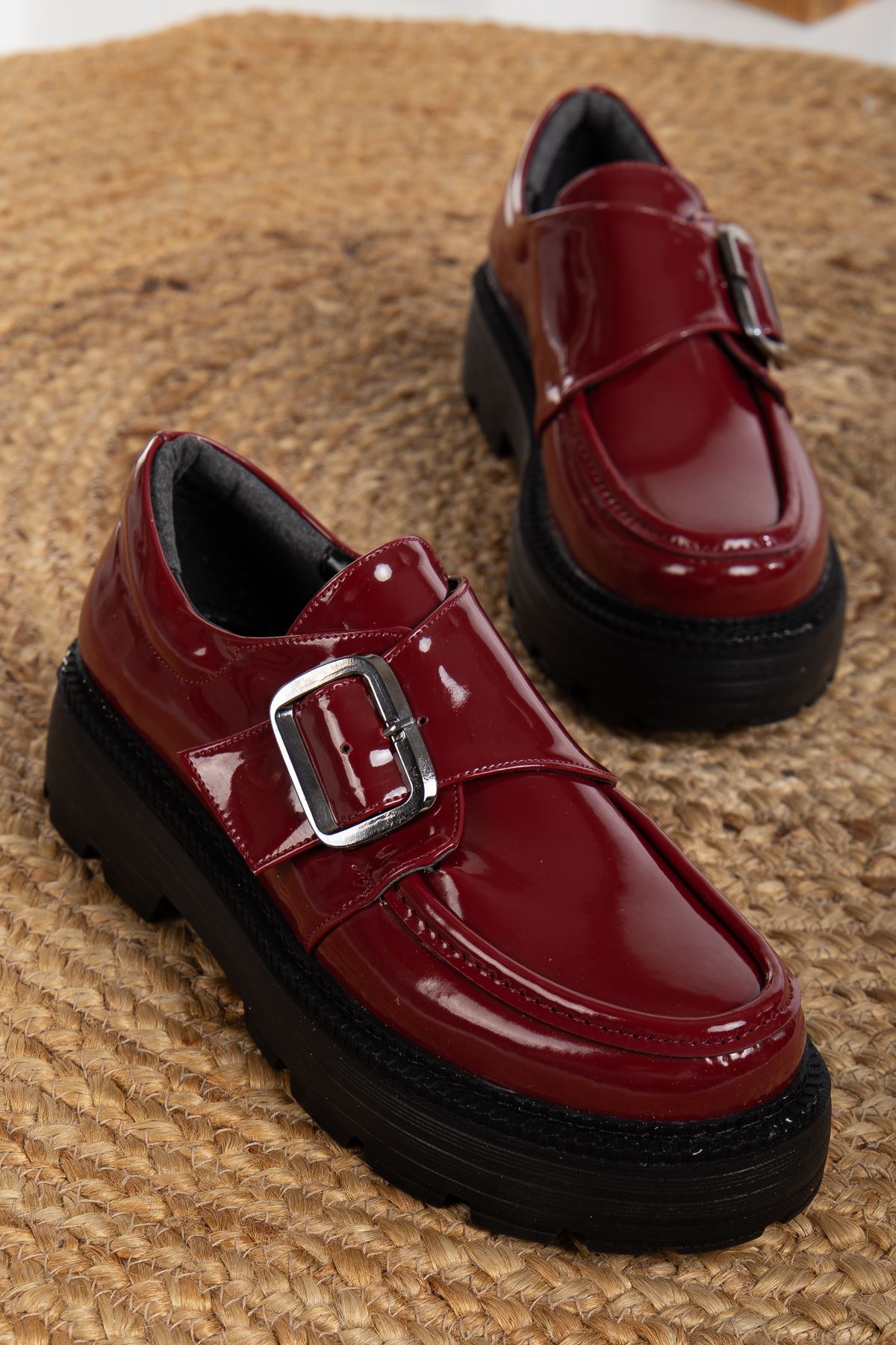 Burgundy Patent Leather Women's Stylish Casual Shoes with Buckle Detail | STREETMODE Burgundy Patent Leather Women's Stylish Casual Shoes with Buckle Detail | STREETMODE