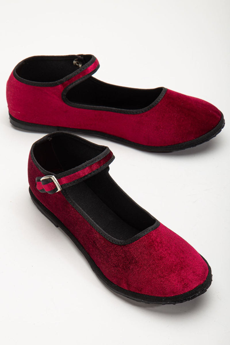 Monday Burgundy Velvet Buckle Detailed Flat Sole Women's Ballerina Flat Shoes - STREETMODE ™