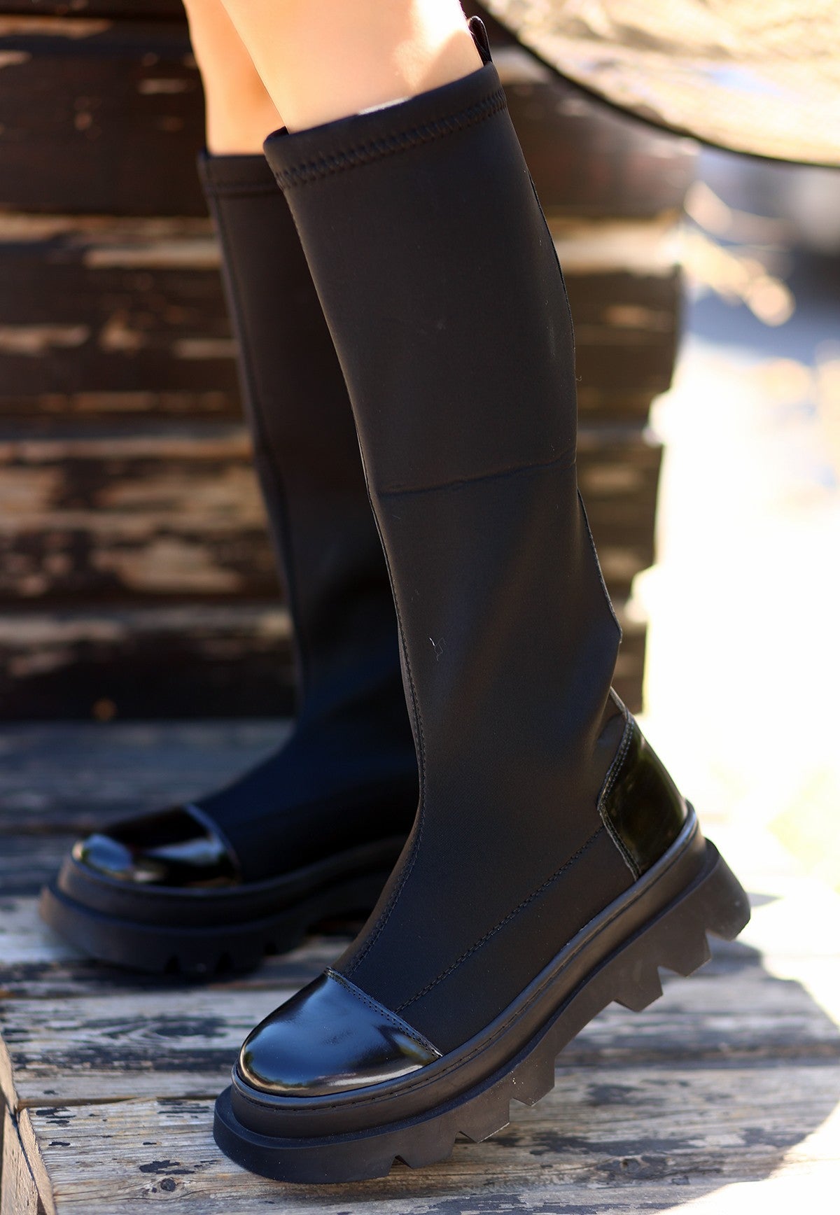 Women's Monde Black Patent Leather Detailed Stretch Boots - STREETMODE ™