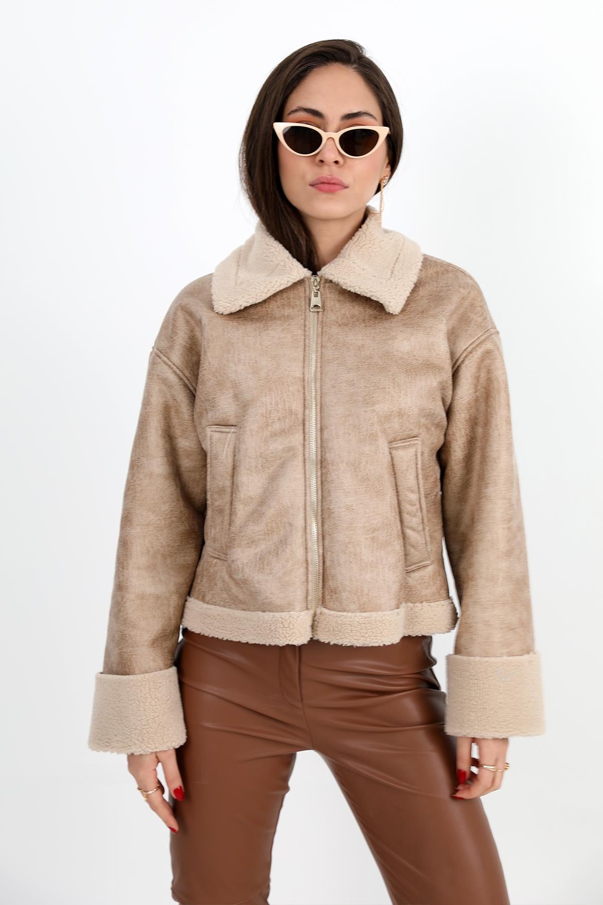 Women's Coat Sleeve Folded Suede Plush - Beige - STREETMODE ™