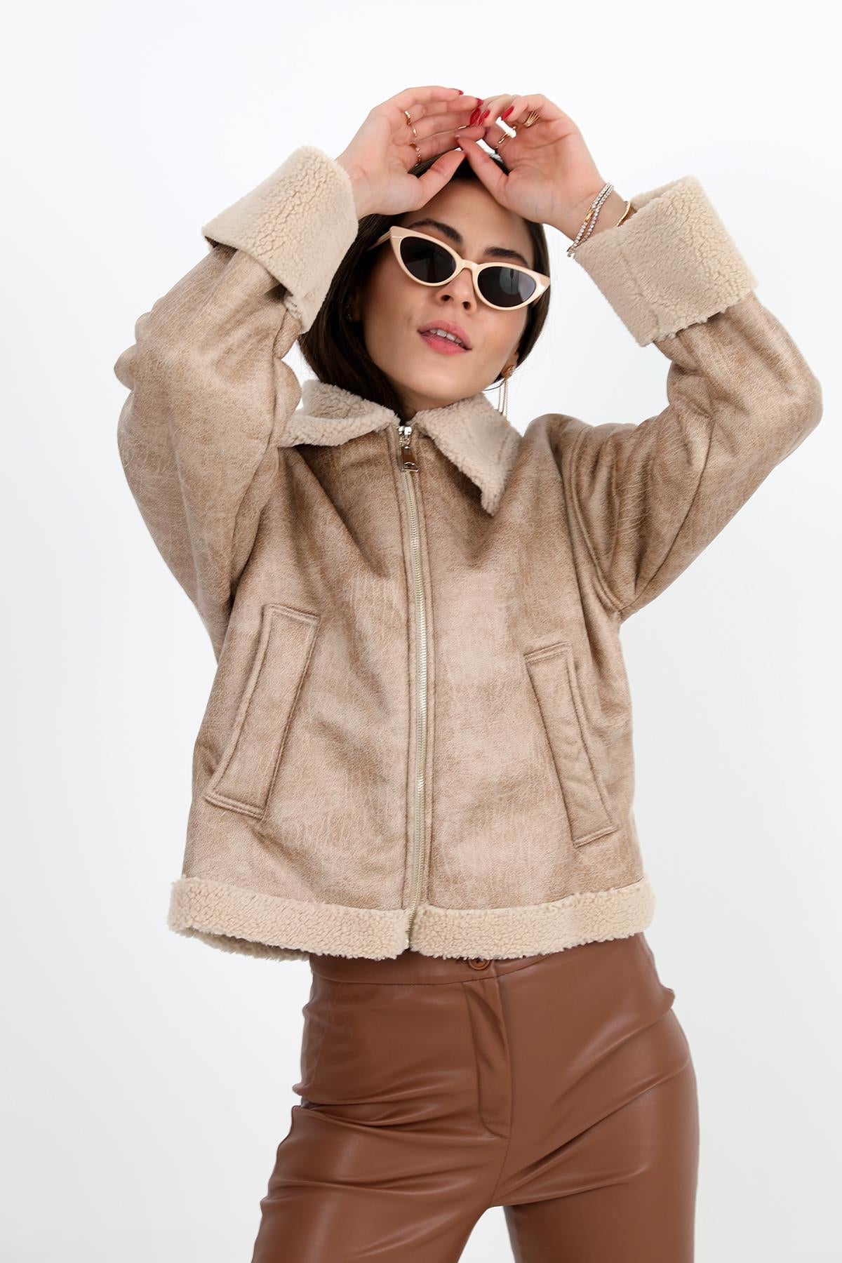 Women's Coat Sleeve Folded Suede Plush - Beige - STREETMODE ™