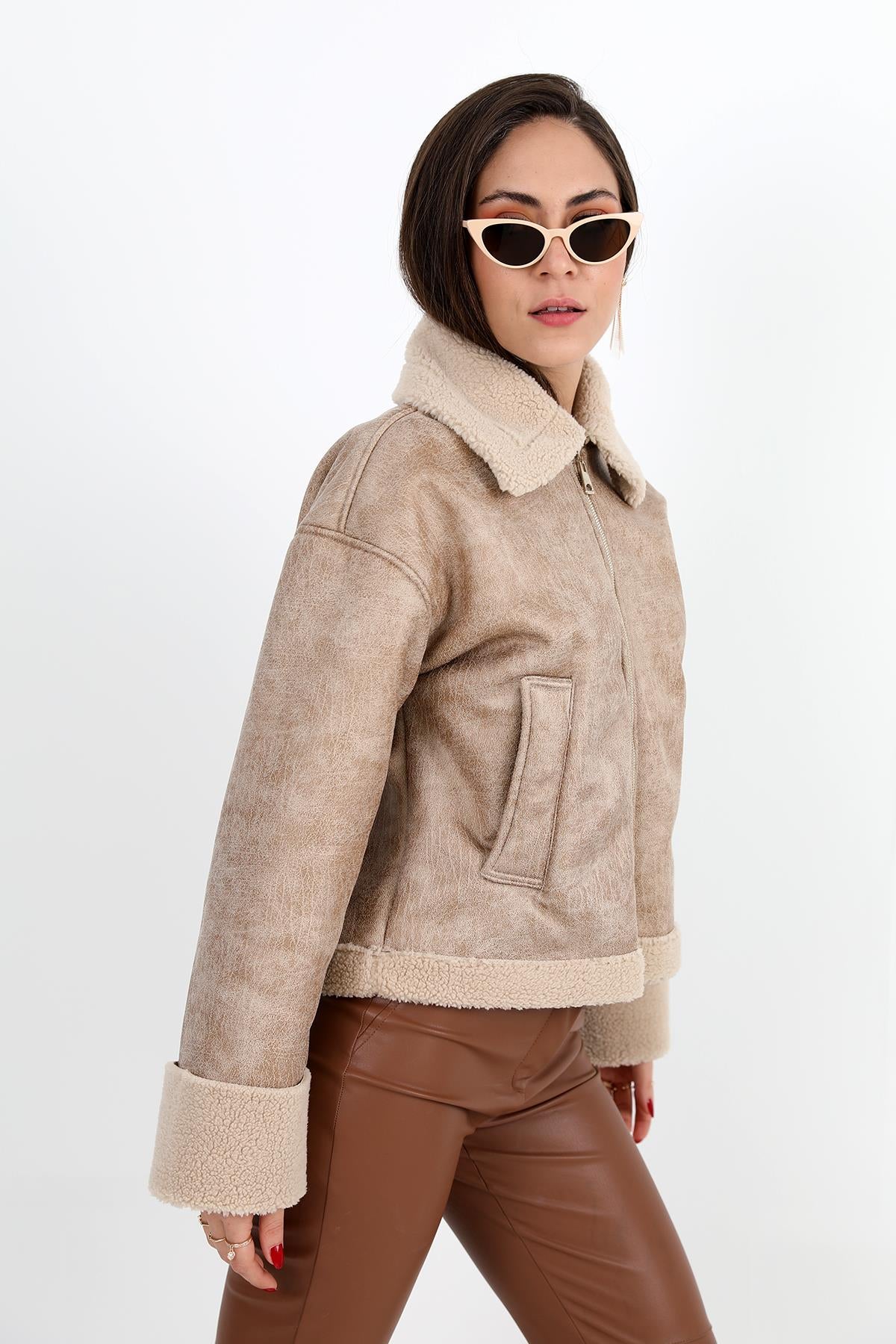 Women's Coat Sleeve Folded Suede Plush - Beige - STREETMODE ™