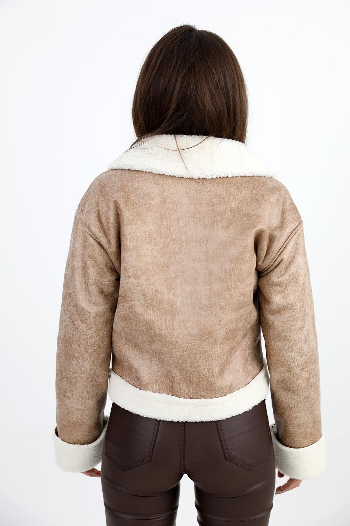 Women's Coat Sleeve Folded Suede Plush - Beige-Ecru - STREETMODE ™