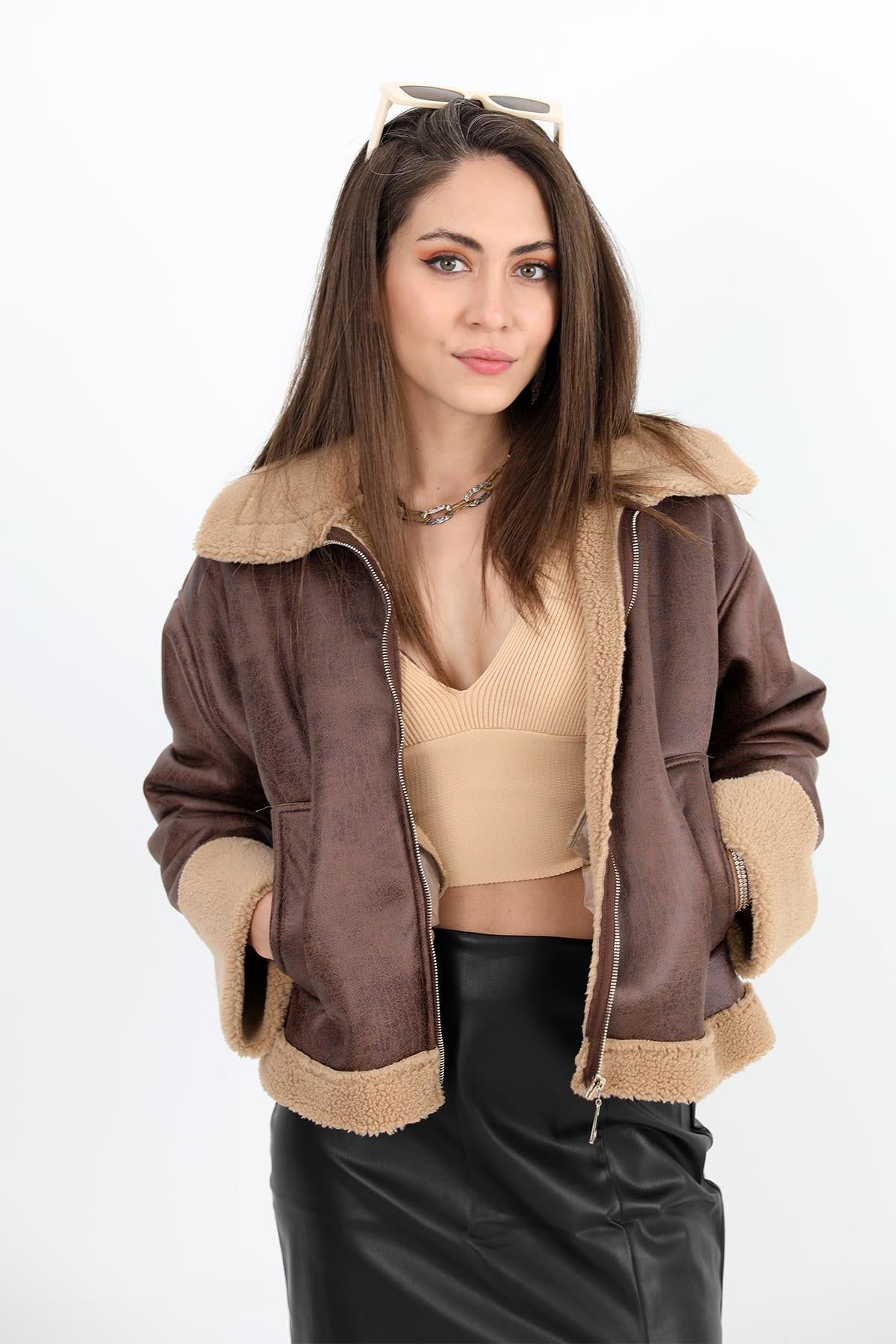 Women's Coat Sleeve Folded Suede Plush - Brown - STREETMODE ™