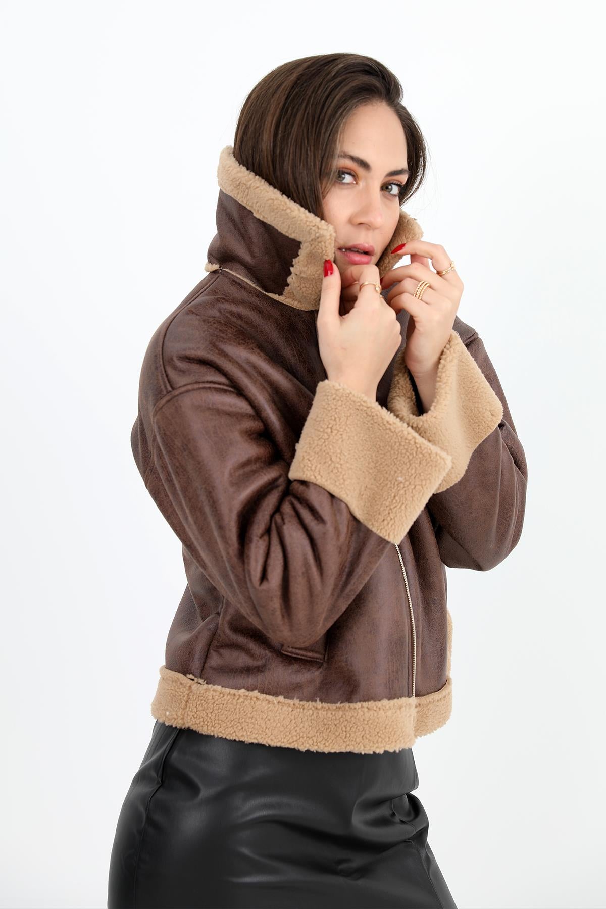 Women's Coat Sleeve Folded Suede Plush - Brown - STREETMODE ™