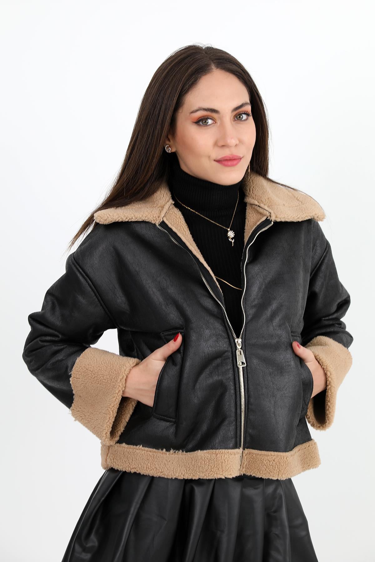 Women's Coat Sleeve Folded Suede Plush - Black - STREETMODE ™