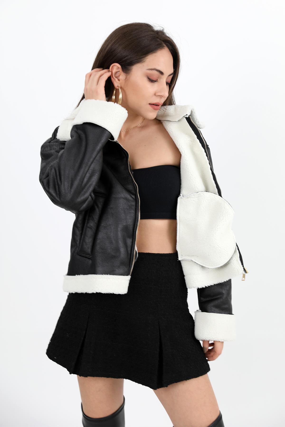 Women's Coat Sleeve Folded Suede Plush - Black-Ecru - STREETMODE ™