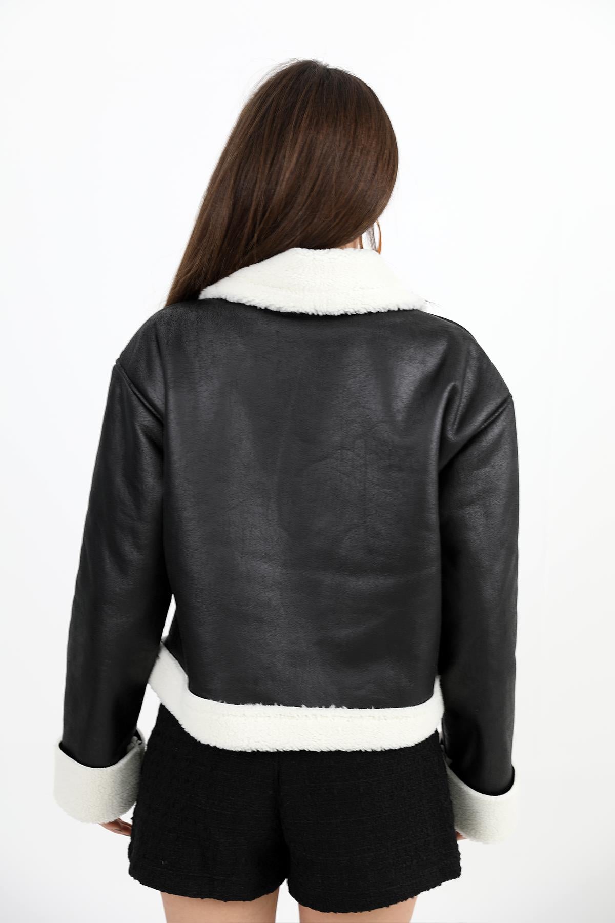 Women's Coat Sleeve Folded Suede Plush - Black-Ecru - STREETMODE ™