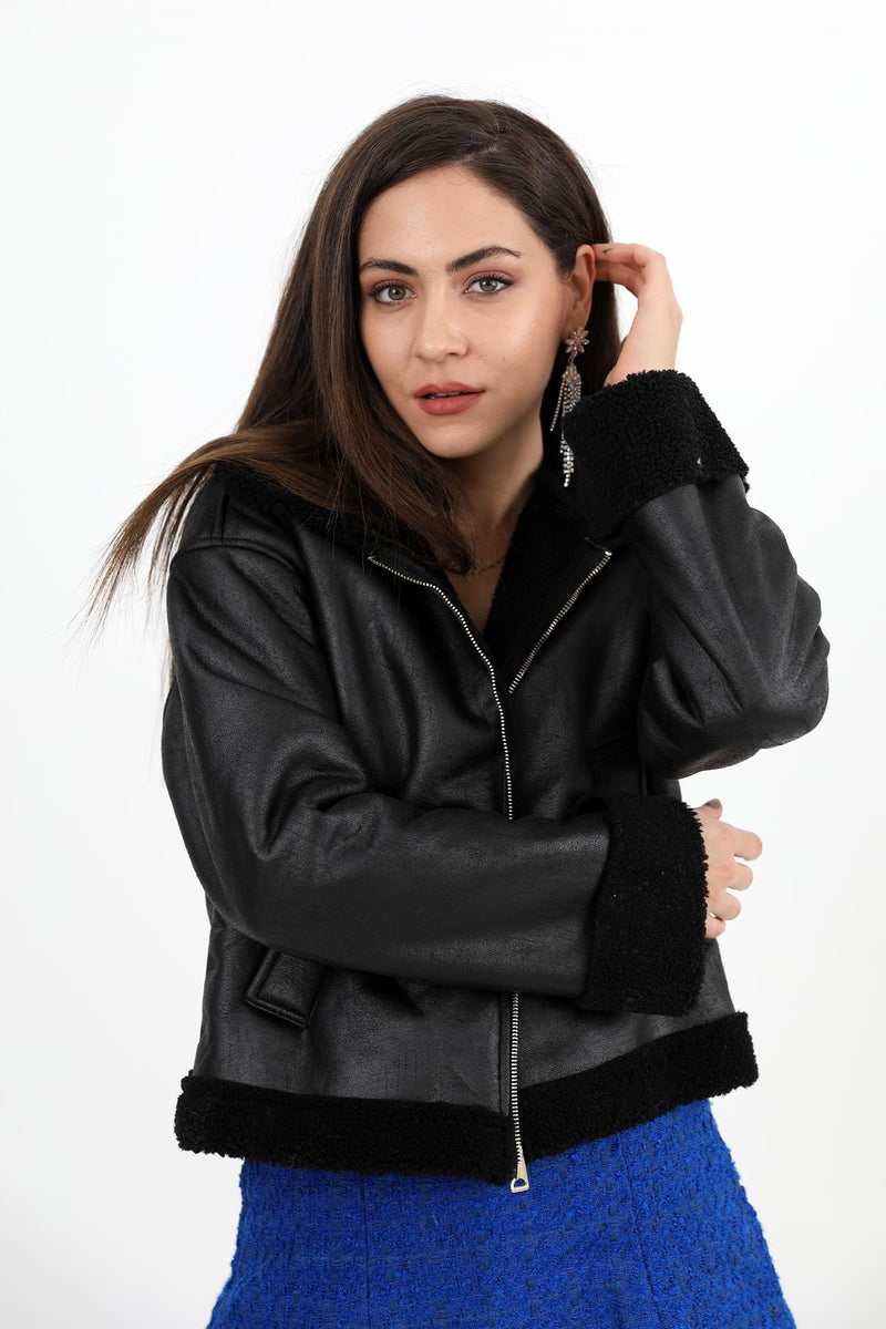 Women's Coat Sleeve Folded Suede Plush - Black-Black - STREETMODE ™